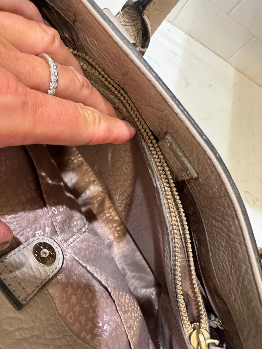 kate spade Taupe Perri Lane Perforated Leather Satchel with Gold Hardware